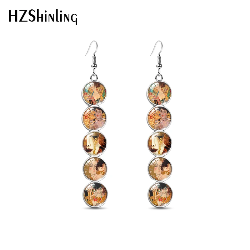 2021 Trendy Gustav Klimt Art Painting Dangle Earring The Kiss with Golden Tears Glass Long Jewelry Fish Hook Earrings Gifts Girl