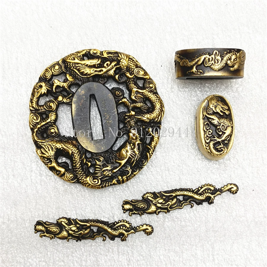 

Set Copper Japanese Sword Fittings HandGuard For Katana/Wakizashi Dragon Theme TSUBA+FUCHI+KASHIRA+MENUKI