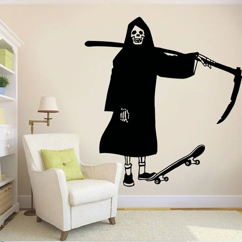 Skull Sickle Wall Decal Sport Skate Skateboard Club Door Window Vinyl Stickers Teens Bedroom Playroom Interior Decor Mural E180