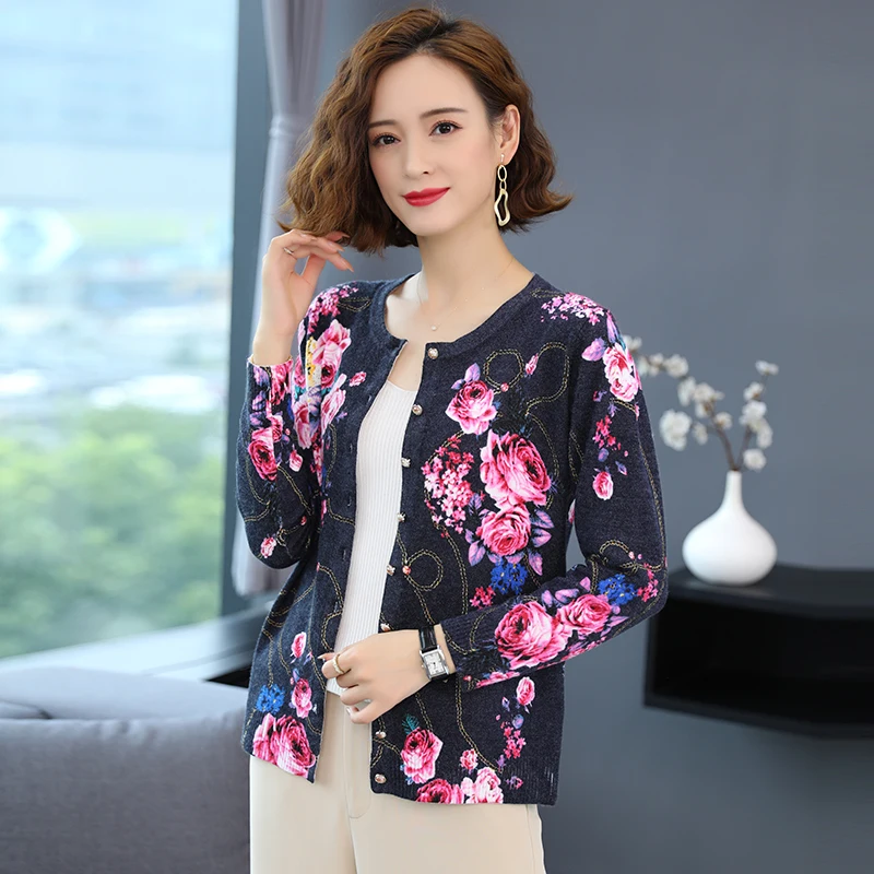 Women Floral Printed Knitwear Autumn Elegant Sweater Cardigan Long Sleeve Female Knit Coat Buttons Up Blouses