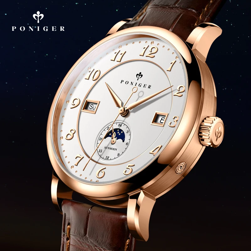 Switzerland Luxury Brand PONIGER Japan Automatic Mechanical Men‘s Watches Sapphire Multi-function 50M Waterproof Moon Phase P915