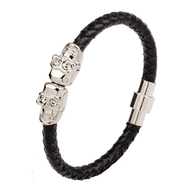 Pulsera clásica de acero inoxidable estilo gótico Punk para hombre, brazalete de cuero con doble Calavera, joyería de fiesta de Rock