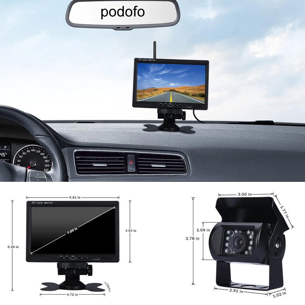 Bezprzewodowa kamera cofania Podofo 7-calowy monitor LCD do samochodów ciężarowych Autobus RV Przyczepa Koparka Monitor samochodowy 12V-24V Widok z tyłu Came