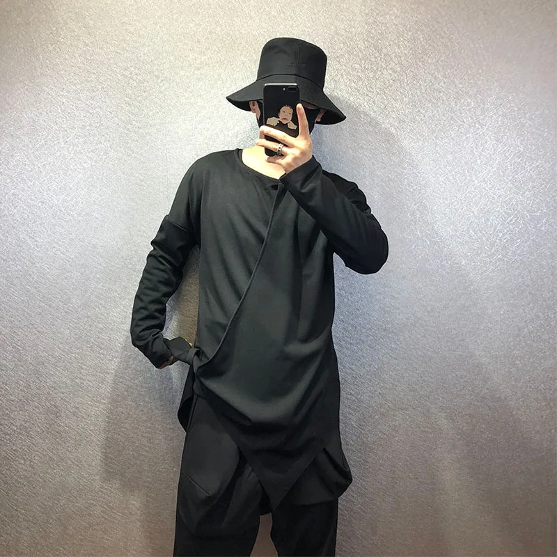 Men's new dark classic personality asymmetrical hem bevel design T shirt Korean version loose fake two T shirts