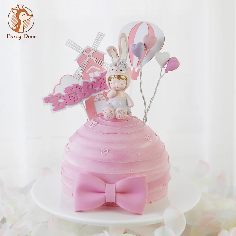 Rabbit Girl Decoration Windmill Bow Cloud Pink Balls Cake Topper Happy Birthday for Kid Party Wedding Supplies Baking Love Gifts