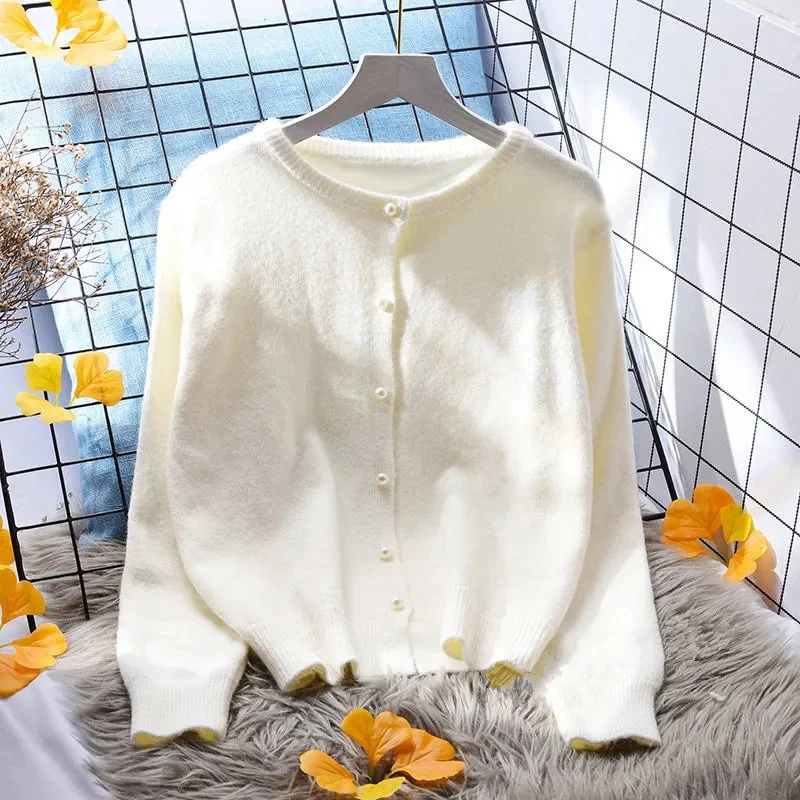 Pink White Purple Yellow Knitted Sweater Women Short Cardigan Spring Autumn Fashion O-Neck Long Sleeve Knit Tops Ladies Jumper