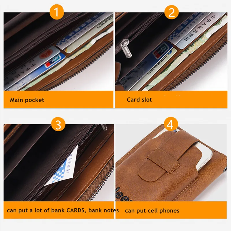 JEEP BULUO famous brand Clutch Wallet Brand Purse For Phone Double Zipper Luxury Wallet Leather Clutch Bag Large Capacity