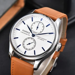 New Arrival 43mm Parnis White Dial Power Reserve Blue Marks Automatic Mechanical Mens Watch With Box Gift Top Luxury Brand 2021