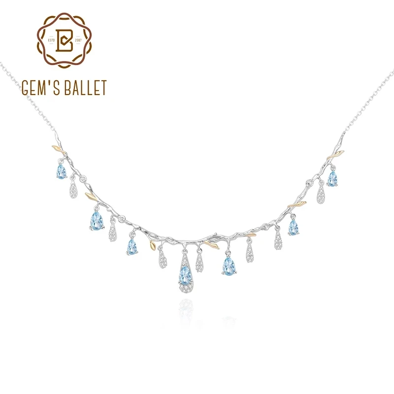 

GEM'S BALLET 925 Sterling Silver Handmade Flower Bud Necklace Natural Sky Blue Topaz Gemstone Necklace For Women Wedding Jewelry