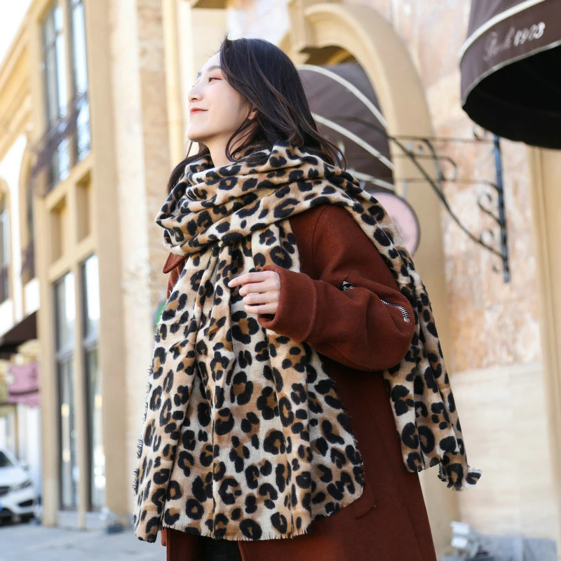 Fashion Imitation Cashmere Women Vintage Double Sided Leopard Scarf Winter Warm Shawl Long Wrap Knitted Female Thick Blanket