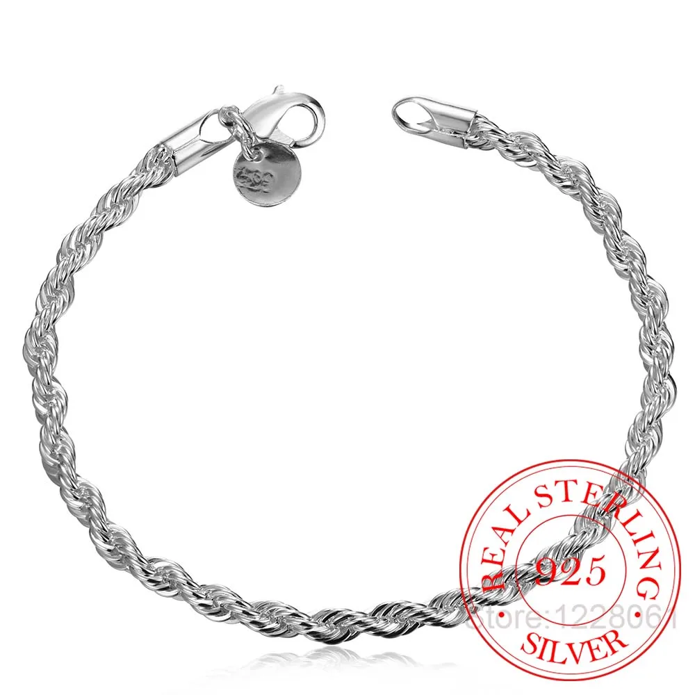 

Real Original 925 Sterling Silver Bracelets Simple 4mm Twist Rope Chain Bracelets Bangle For Men Women Jewelry Gift Good Quality