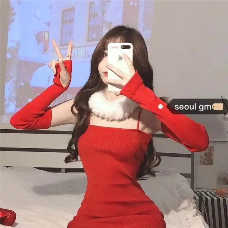 

One-piece suit Chic2021 autumn and winter Christmas dress retro knitted suspenders slim slimming all-match dress female ~ with s