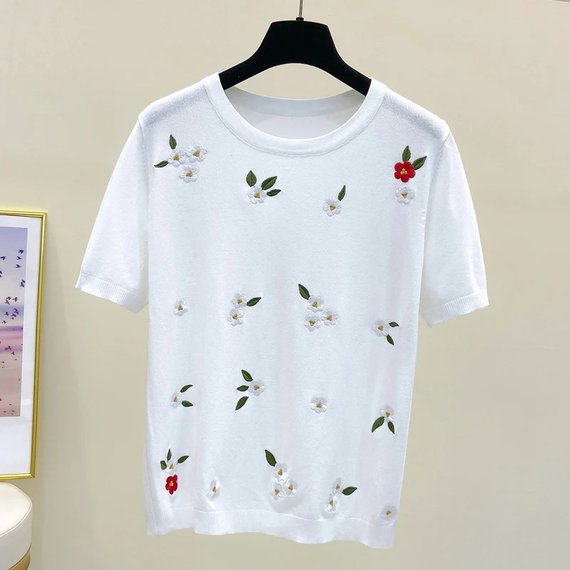 M-4X size embroidery women sweater pullover 2021 short sleeve o neck flower kintting female whine t-shirt thin jumper