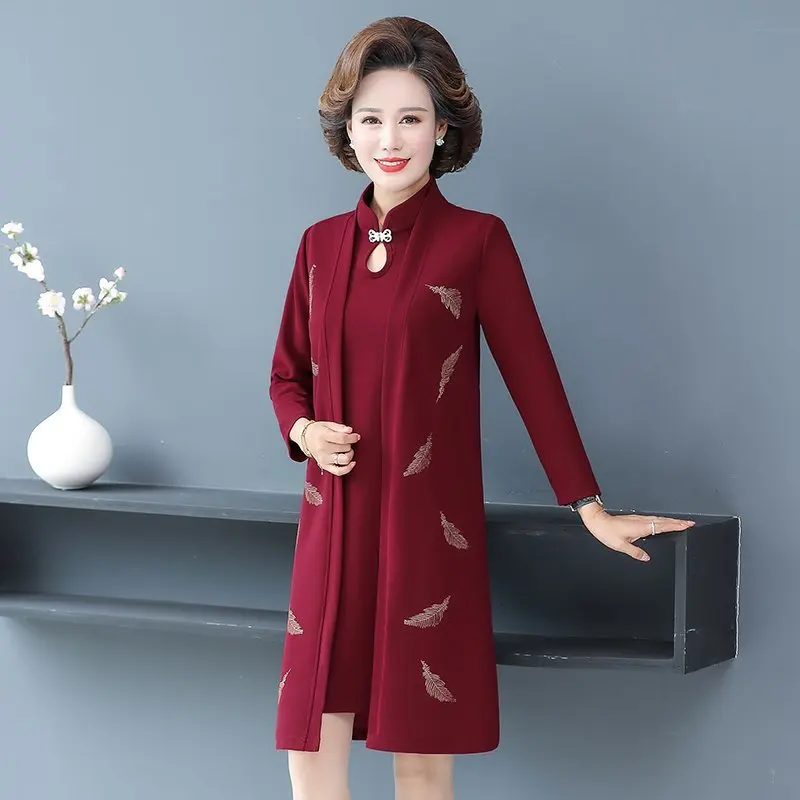 Oriental Style Women Two Pieces Dresses leaves Knee Length Cardiagn and Sleevless Elegant Dress Woman Spring /autumn