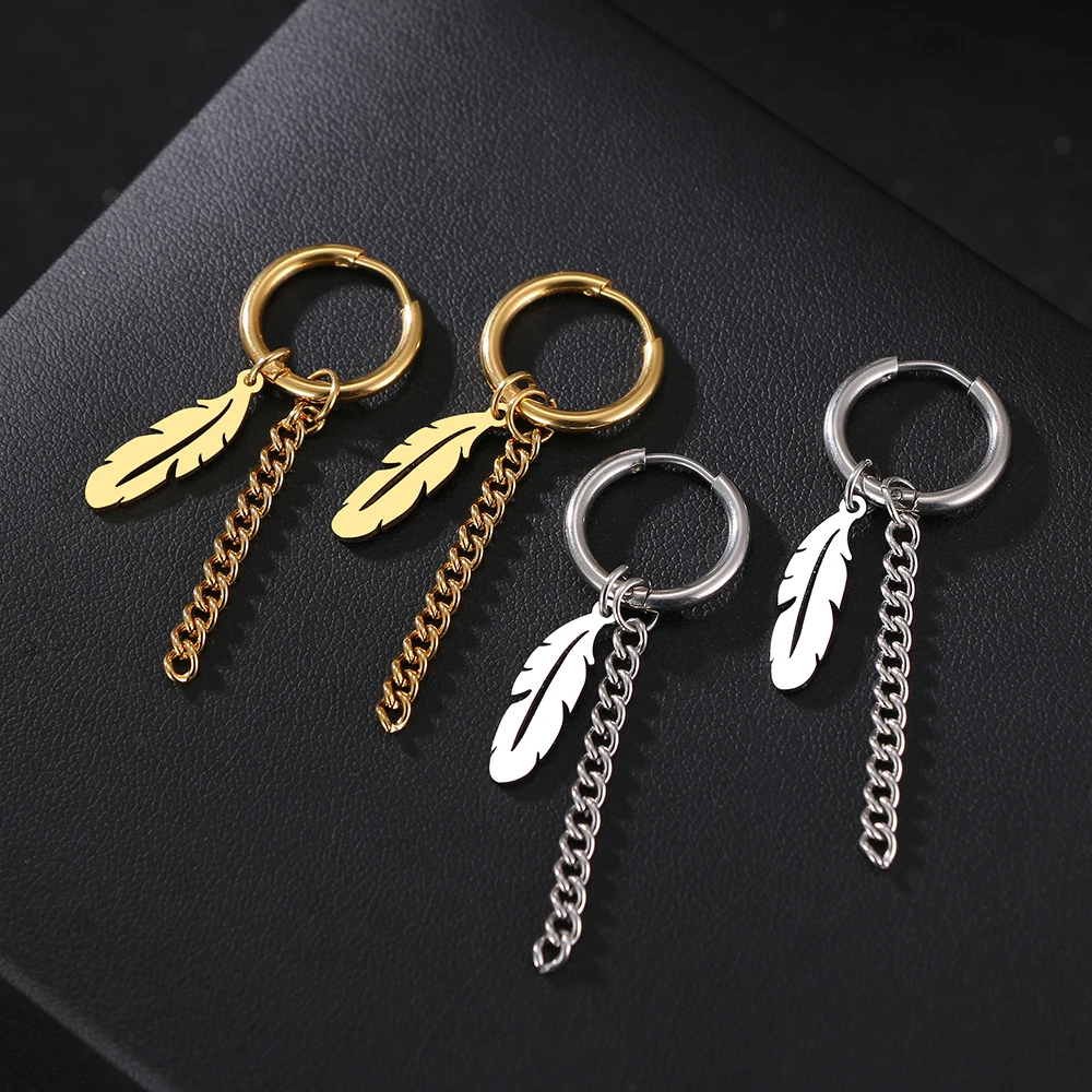 Stainless Steel Earrings Fashion Unisex Punk Gothic Feather Chain Hip Hop Pendants Gold Color Earrings For Women Jewelry Gifts