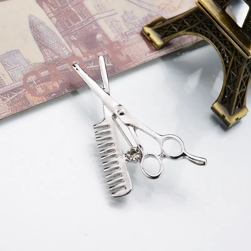 Creative Hairdresser Brooch Men Women Crystal Badge Scissors Comb Small Suit Collar Needle Gold Color Brooches Pin