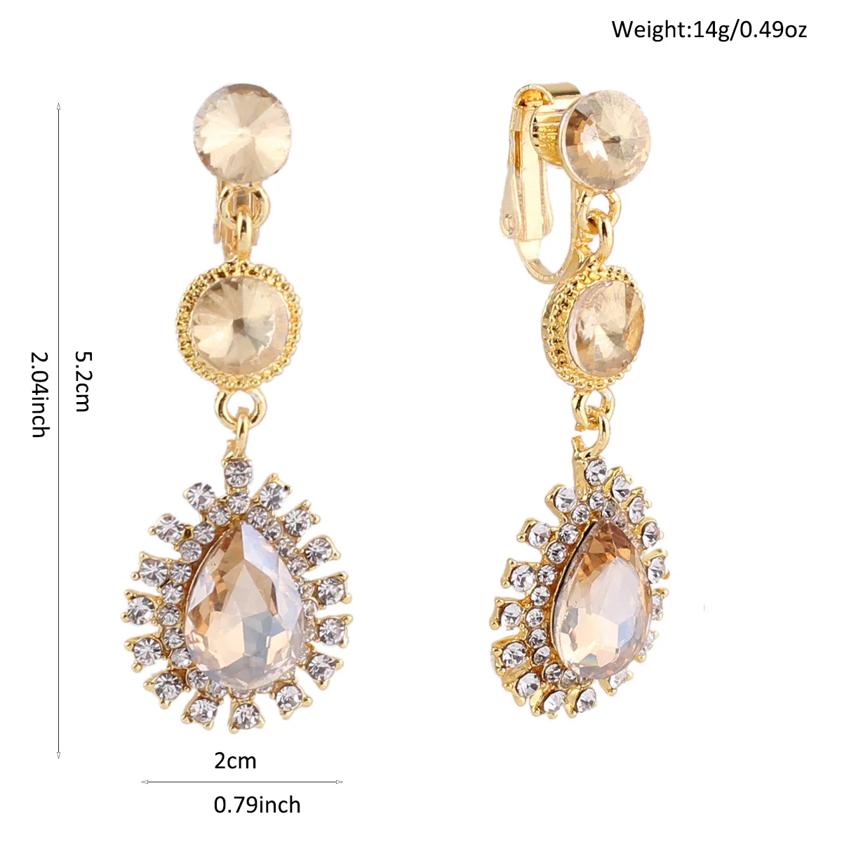 WENHQ 12 Colors High-grade Rhinestone Crystal Tear Drop Shape Clip on Earrings No Pierced for Women Wedding No Hole Ear Clip New