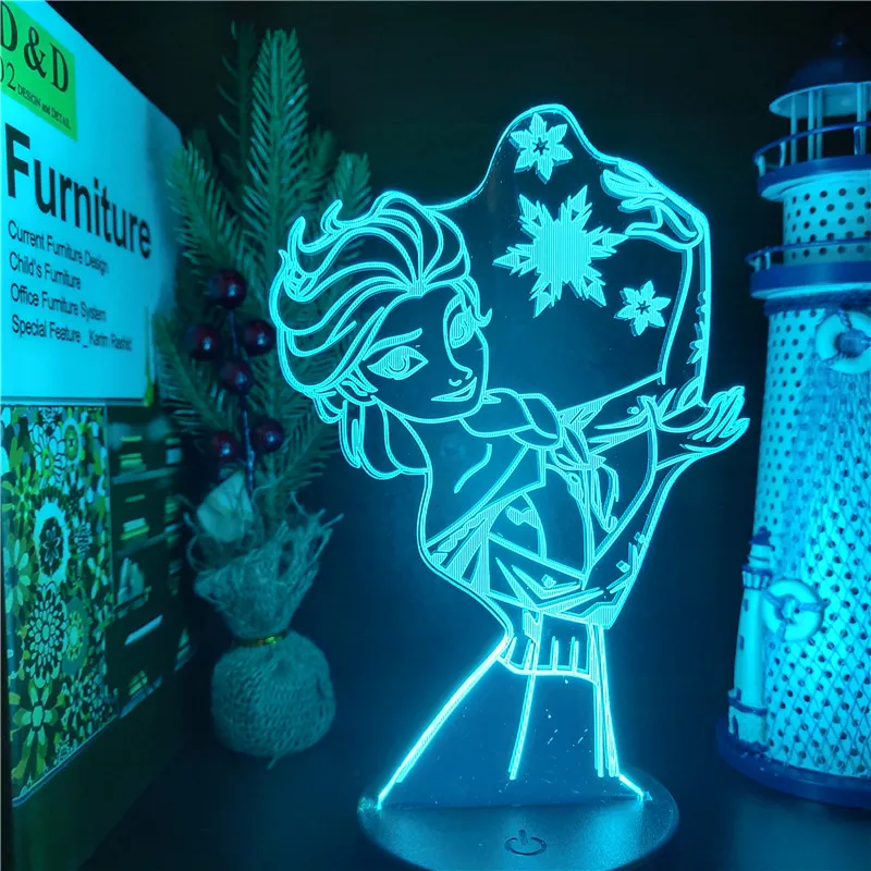 Frozen Princess 3D Visual Lamp Anna Elsa Olfa Figurine LED Night Light Acrylic Illusion Table Lamp Home Decor Kids Toys