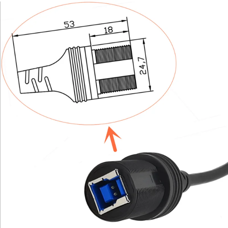 High-speed 5Gpbs Usb 3.0 B printed male-to-female embedded waterproof cable for dashboards of automobiles, motorcycles and ships