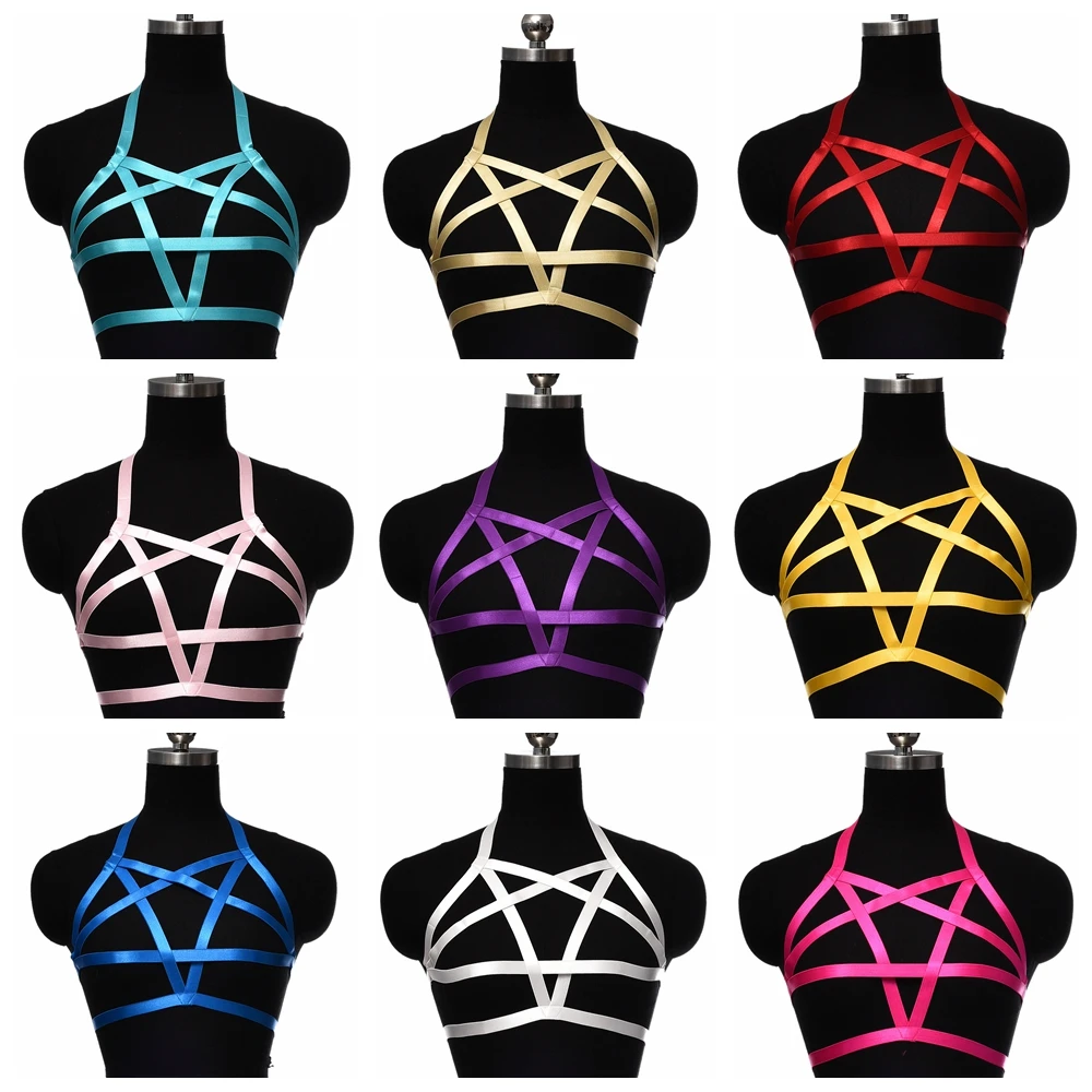 

Women Multicolor Body Harness Cage Bra Pastel Goth Pentagram Sexy Harness Lingerie Punk Harajuku Adjustable Crop Top Bondage Bra