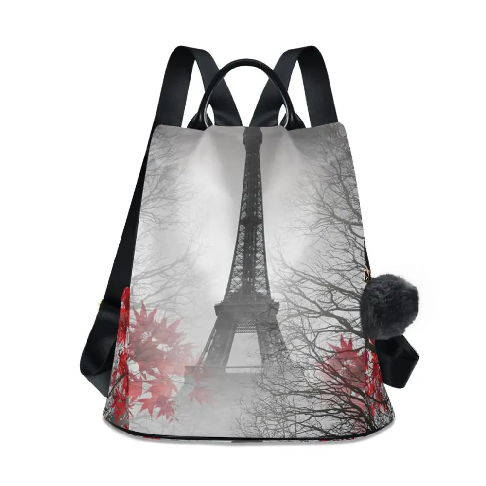 2020 Fur ball Womens Backpacks Quality Youth Backpack for Teenage Girls Female Eiffel tower School Shoulder Bag Bagpack moch