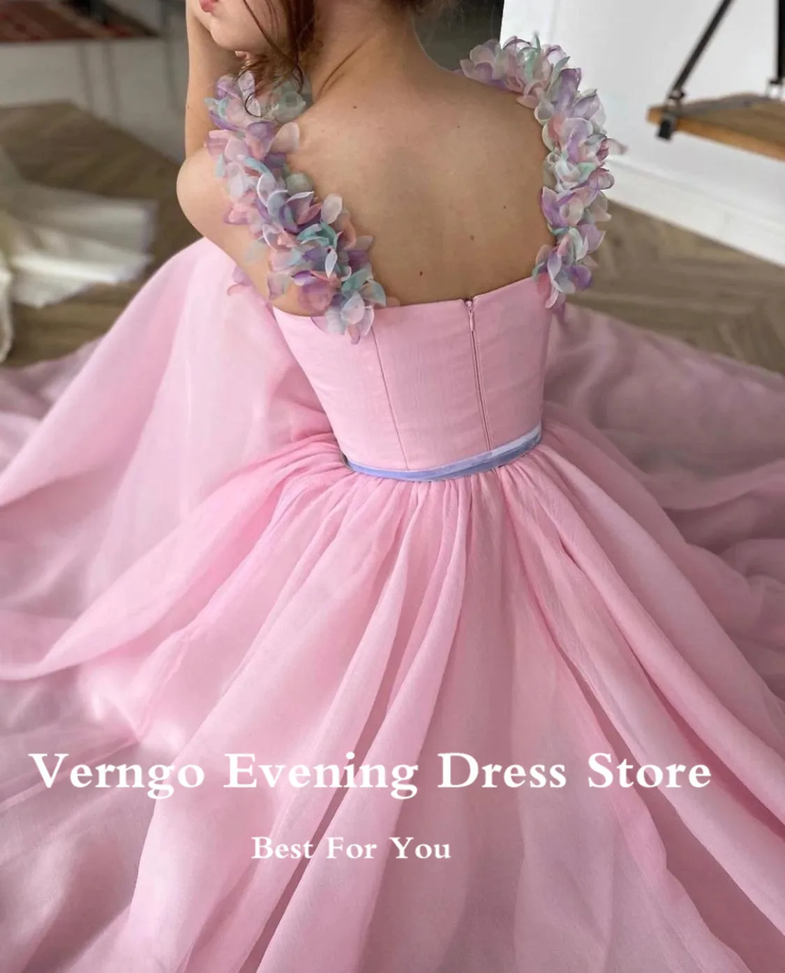 Verngo – robe de soirée en Organza rose doux, longue, bretelles à fleurs, ceinture en velours, longueur au sol, avec poches, 2021