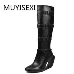 Black Women Knee High Boots Back Zipper Full Genuine Leather 8cm Strange High Heel Shoes Woman Buckle Botas Mujer HL201 MUYISEXI