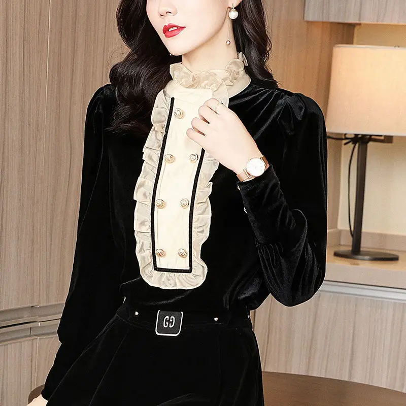 Vintage French Ruffled Elegant Blouses Women\'s Clothing 2024 Spring Spliced Lantern Sleeve Pullovers Office Lady Flannel Shirts