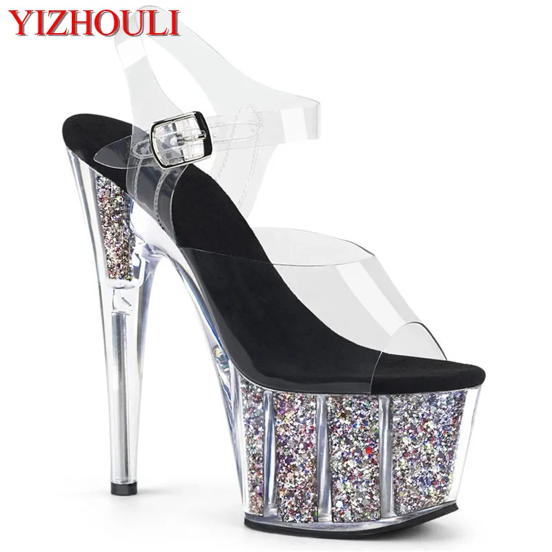 Tacones de 15 cm, tacones de aguja de 6 pulgadas con plataforma de lentejuelas de cristal, ejercicios de baile en barra, zapatos de baile