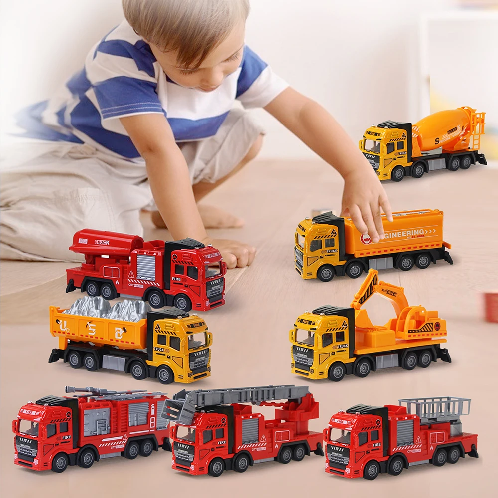 

8 Types Diecast Alloy Car Simulate Sound Light Engineering Model Excavator Fire Truck Classic City Vehicle Toys for Children Boy