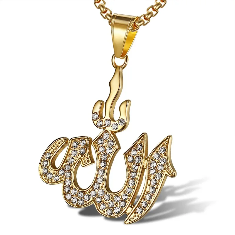 

Hip Hop Bling Iced Out Rhinestones Gold Silver Color Stainless Steel Islam Muslim Allah Pendant Necklace for Men Rapper Jewelry