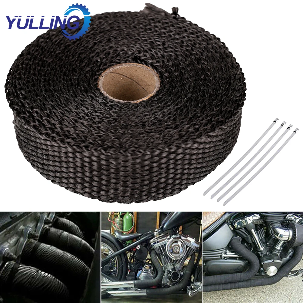 Теплоизоляционная лента YULLING для выхлопных газов, стекловолоконная теплоизоляционная пленка для коллекторов, устойчивая к сколам с нержавеющими завязками, 5 м * 2,5 см