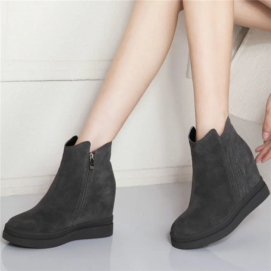 Snow Winter Women\'s Cow Suede Leather Round Toe Hidden Wedge Ankle Boots Round Toe High Heels Oxfords Western Booties Zipper