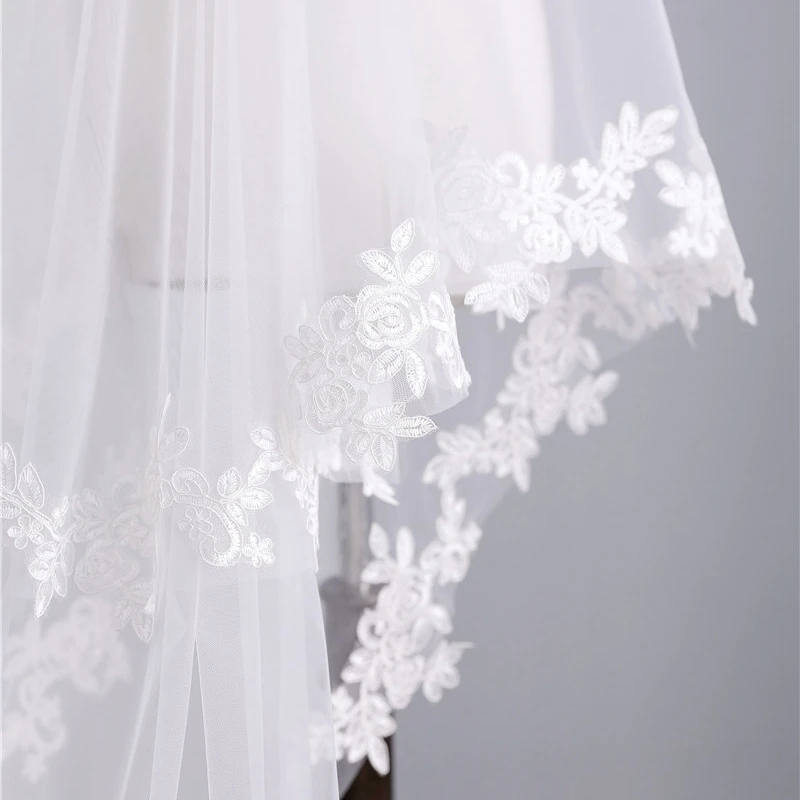 ใหม่มาถึง 2 ชั้นลูกไม้ Applique Wedding Veils เจ้าสาวงานแต่งงาน Accesorios เจ้าสาว Headwear Novia Velos Welon Velos de Novia