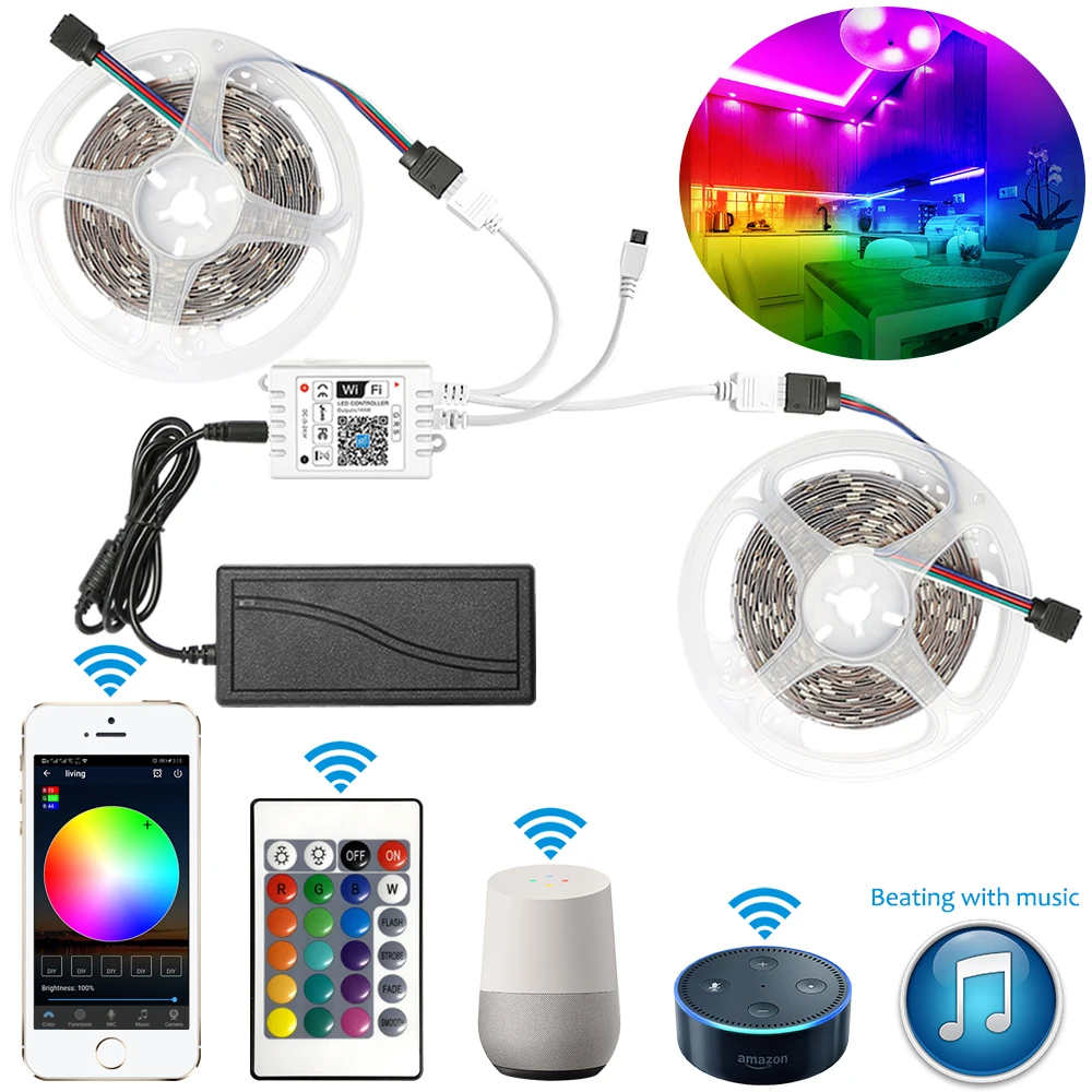 

12V Smart 5m 10m 20m 5050 RGB LED Strip Light Set+Transformer+WIFI APP Remote Controller for Alexa Assistant