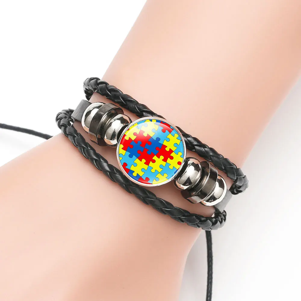 AUTISM MOM Awareness Bracelet For Children Handmade Knitted Leather Puzzle Charm Bracelet Boy Girl Wristband Jewelry