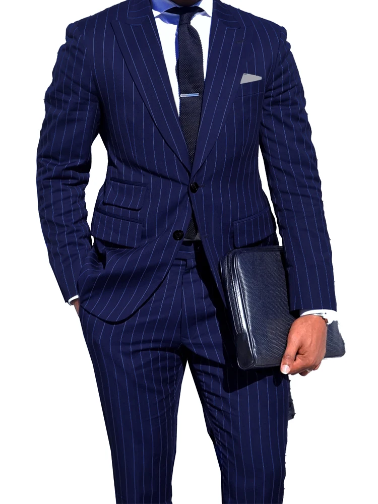 Mens Chalk Stripe Suit Custom Made Light Navy Blue Mens Striped Suit With Ticket Pocket,Tailored Single Breasted Suit Peak Lapel