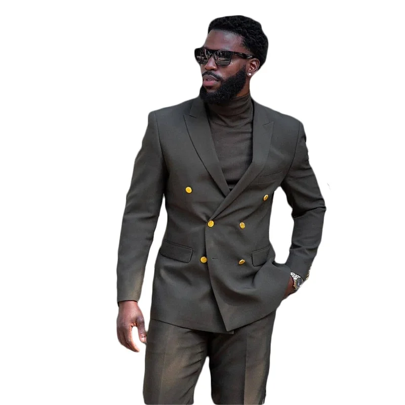 

Two Pieces Black Men Suits Custom Made Handsome Spring Wedding Suits Gold Metal Two Button Royal Formal Coat+Pant