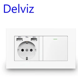 Delviz EU Standard Light Switch, 16A power Outlet, 146mm * 86mm panel, 1 Gang 1Way / 2Way Stair Corridor Switch, Wall USB Socket