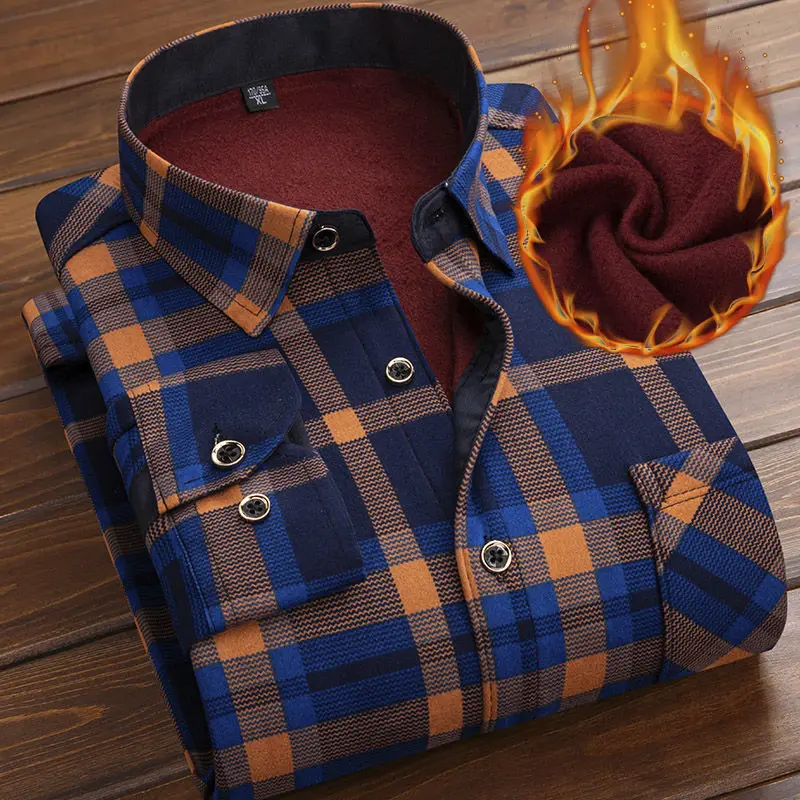 Autumn Winter Thicken Fleece Shirt Men Business Plaid Shirt Long Sleeve Warm Clothes Turn Down Collar Button Up Shirts Classic