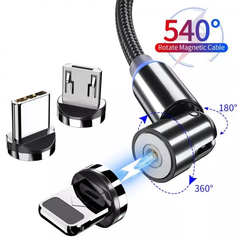 3-In-1 MagneticหมุนFast Chargeสายเคเบิลสาย3A 360หมุนแม่เหล็กสายMicro USBประเภทCสำหรับiPhone Samsung