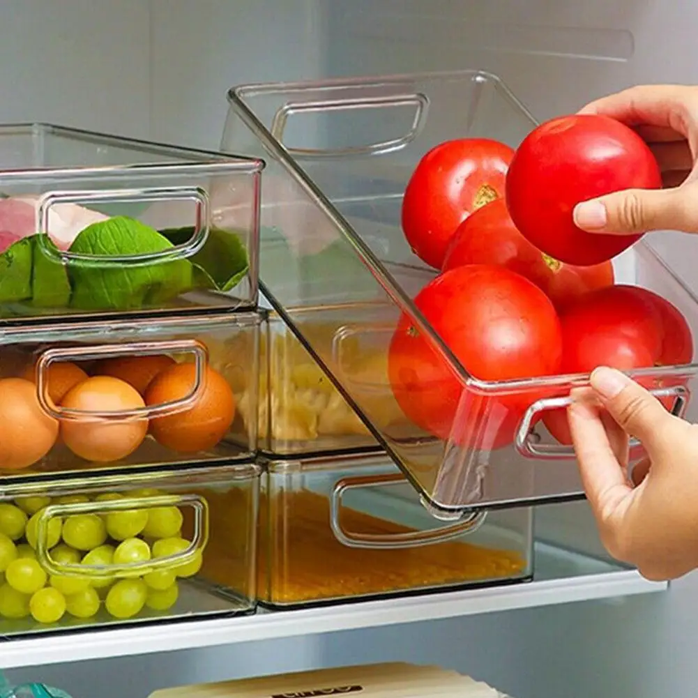 Refrigerator Organizer Bin Stackable Fridge Food Storage Box With Handle Clear Plastic Pantry Home Food Freezer Organizer Tools