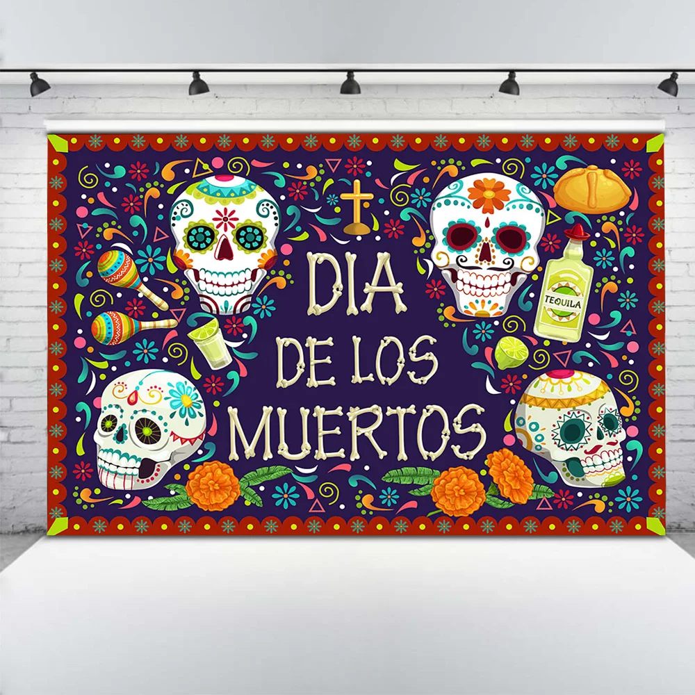 Dia de Los Muertos Photo Backdrop Floral Sugar Skull Mexico Fiesta Party Background Decoration Day of the Dead Photocall Props