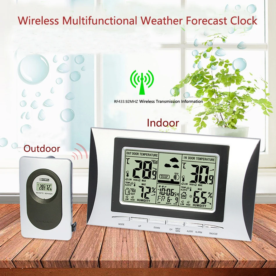 H102G 433MHz Wireless Colorful Digital Thermometer Hygrometer Weather Station Clock with Power Supply Adaptor