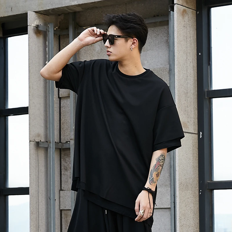 Men Short Sleeve Double Layer Design Oversize Loose Casual Black T Shirt Male Streetwear Hip Hop Punk Gothic Tshirt Tees Shirts