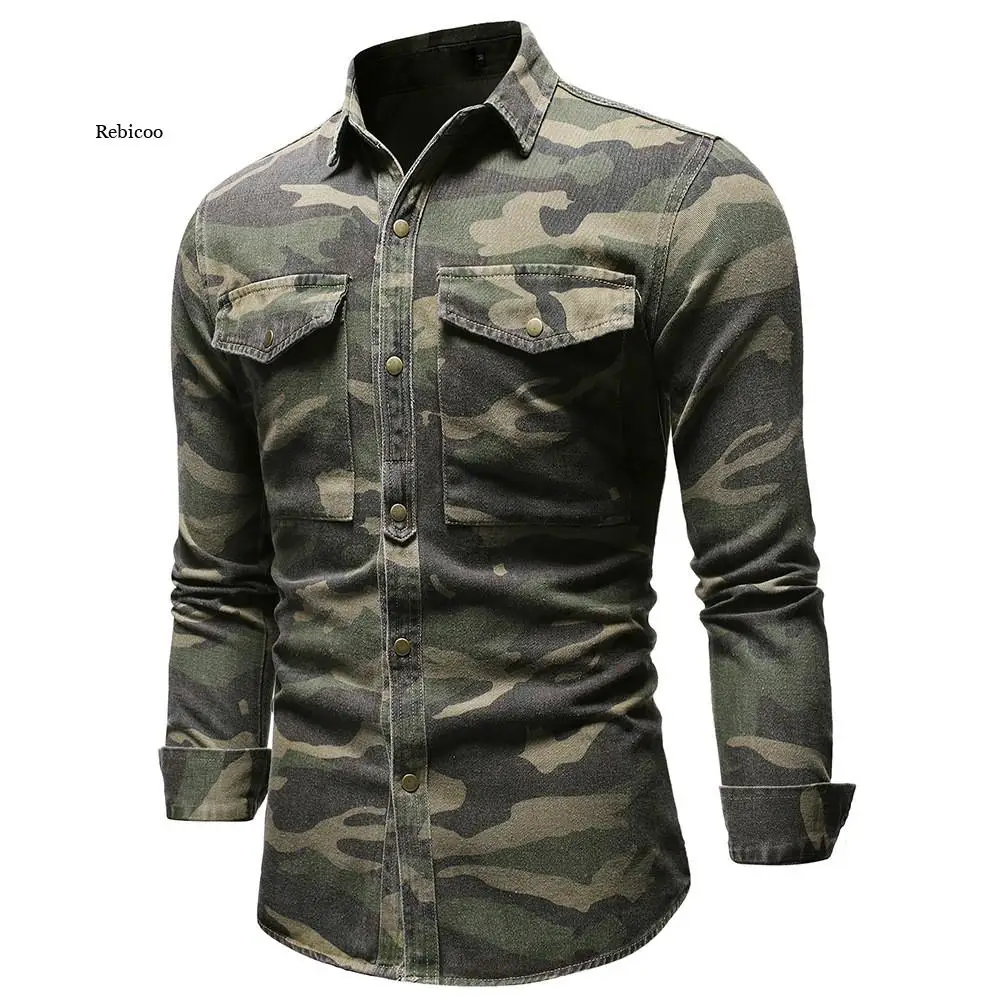 Männer Camouflage Denim Hemd Frühling Herbst Armee Grün Lange Ärmeln Lose Jeans Shirts Bluse