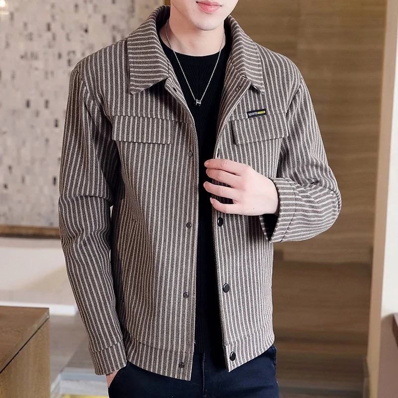 Autumn 2022 Winter New Fashion Men Thick Coat Turn-down Collar Male Striped Thick Warm Outwear Jacket Casual Loose Utwear B633