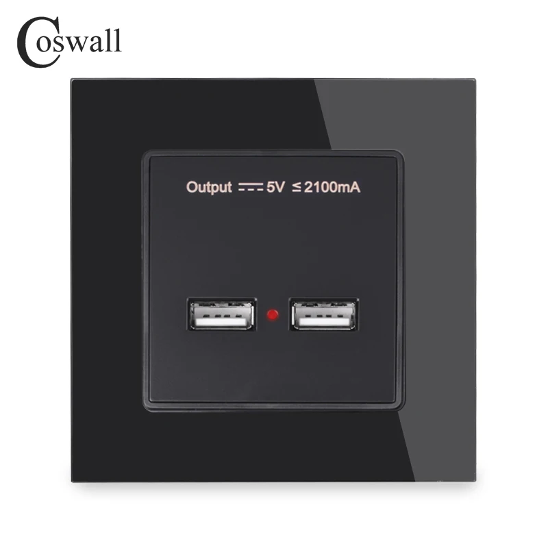COSWALL Wall Power Socket Dual USB Smart Induction Charging Port For Mobile 5V 2.1A Output Crystal Tempered Glass Panel