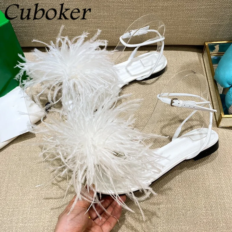 2022 New Summer Elegant Feather Flat Shoes Brand Designer Brand Ladies Shoes Candy Color Party Shoes Women\'s Flat Shoes Sandals