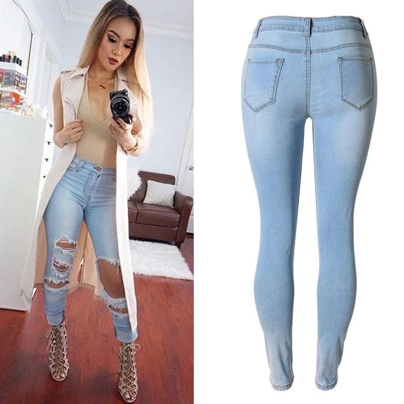 Stretch Skinny Ripped Jeans Women Destroyed Pencil Pants Elastic Skin Tights Denim Trousers Distressed Boyfriend Streetwear